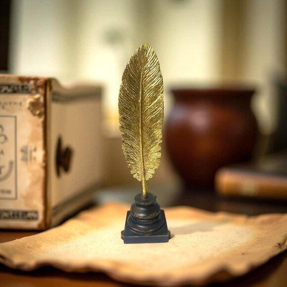 Two's Company 13" Gold Feather Sculpture Quill Decor on Black Pedestal Base - Picture 2 of 9